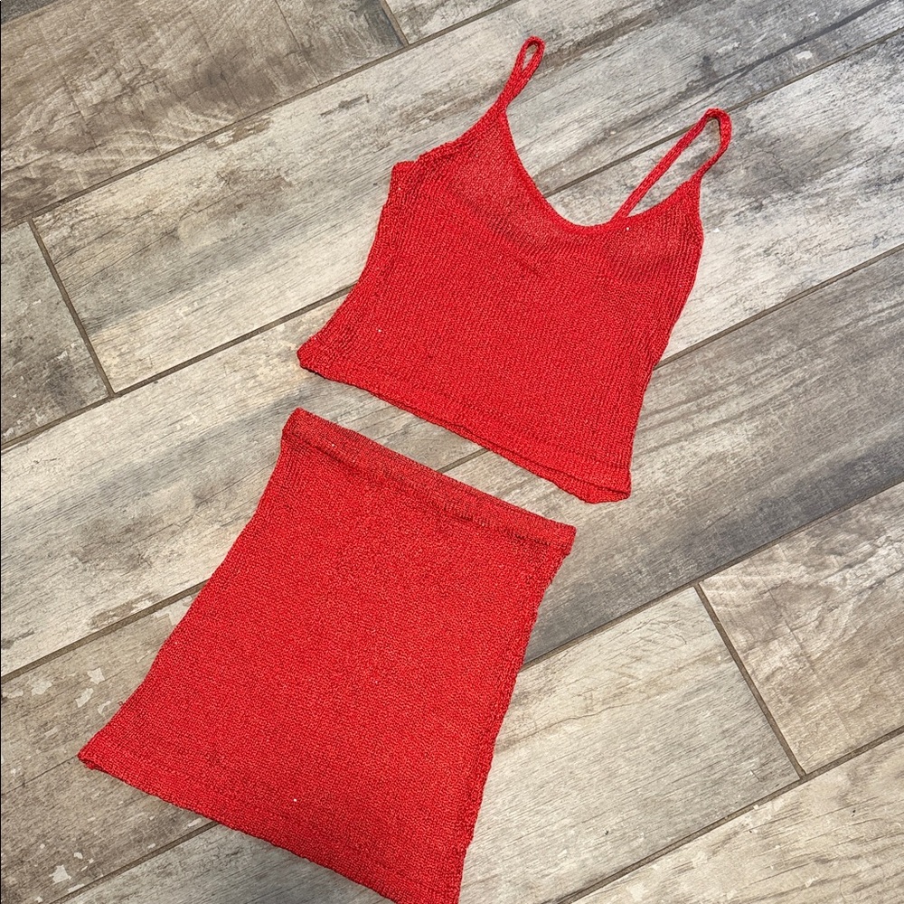 Red Knit Mini Skirt Set - Women's Stretch Knit Skirt